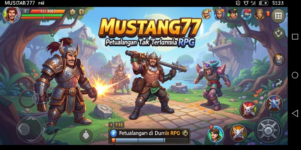 Screenshot MUSTANG77 menunjukkan pertarungan RPG epik dengan karakter dan monster.